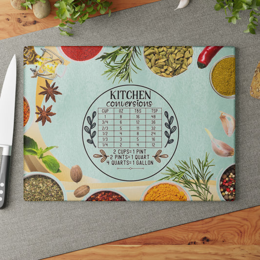 Herb / Spice Design Kitchen Conversion Table Tempered Glass Cutting Board