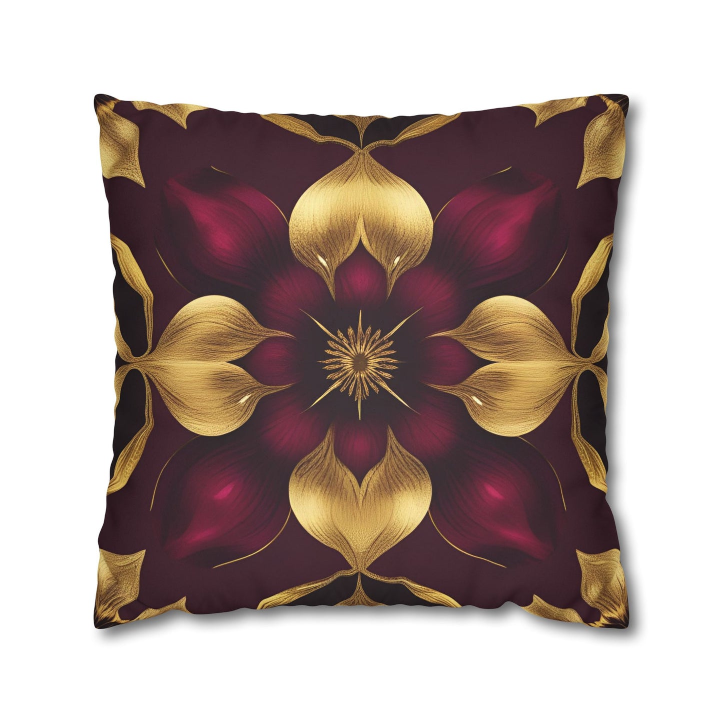 Burgundy and Gold Abstract Floral Design Faux Suede Pillow Case