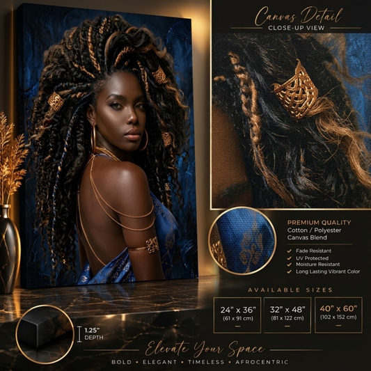 Black Woman Wall Art - Sensual Afrocentric Woman | Blue & Gold Canvas Print