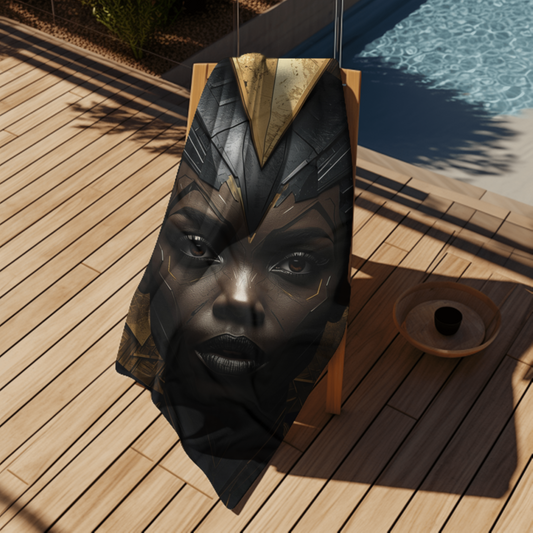 Black Woman Beach Towel / Bold African Warrior Goddess | Premium Black & Gold