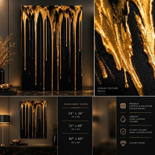Abstract Modern Gold & Black Drip Canvas Print | Luxury Home Wall Decor