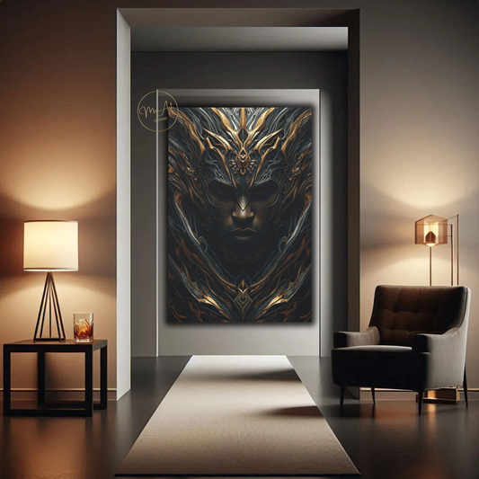 Black Warrior Abstract Art – Divine Sentinel | Black & Gold Afrocentric Wall Art / Canvas Print