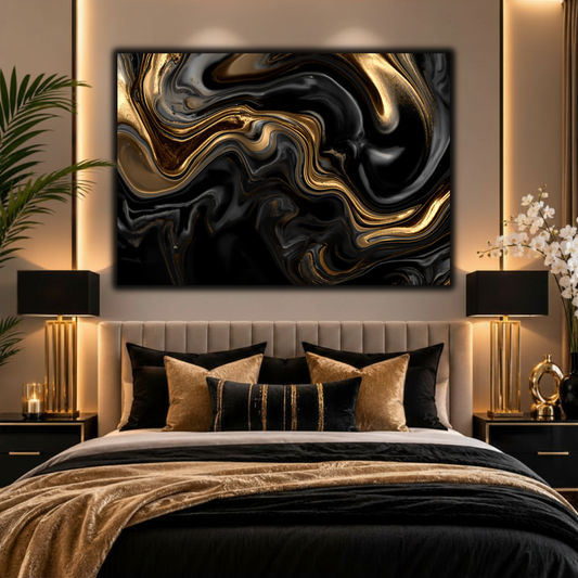 Black & Gold Abstract Wall Art Canvas – Luxury Liquid Marble Modern Art Print | Elegant Black Gold Home Decor