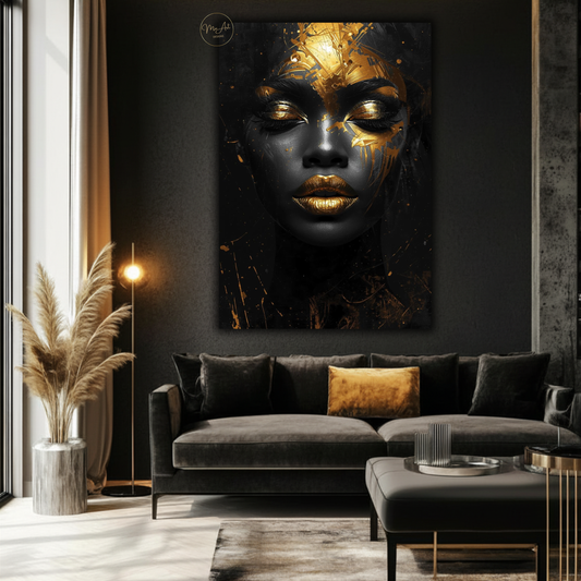 Black Woman Wall Art – Afrocentric Black & Gold Abstract Portrait Canvas Print