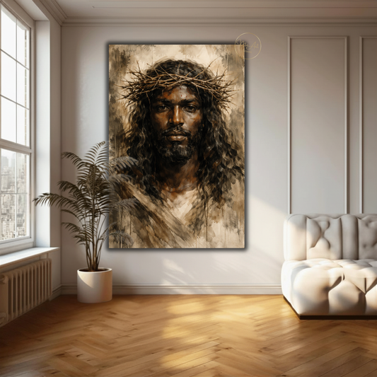 Black Jesus Wall Art – Neutral Abstract Christ Portrait with Crown of Thorns Canvas Print