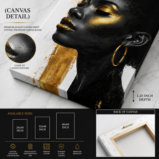 Black Woman Wall Art – Afrocentric Beauty in Black, Gold & White Canvas Print | Modern Luxury Home Decor