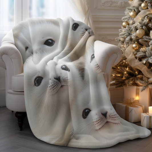 White Fluffy Seal Pups with Innocent Eyes - Velveteen Microfiber Blanket