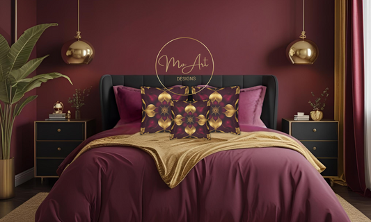 Burgundy and Gold Abstract Floral Design Faux Suede Pillow Case