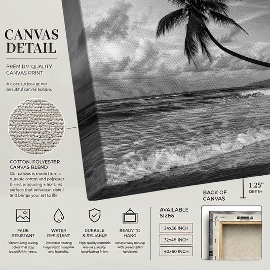 Black & White Tropical Palm Tree Wall Art – Ocean Beach Canvas Print, Coastal Home Decor, Minimalist Photography