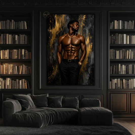 Black Man Wall Art – Sensual Black & Gold Abstract Canvas Print | Modern Masculine Decor