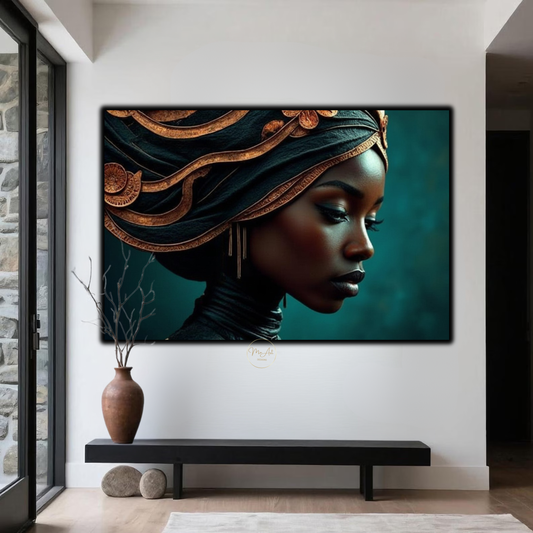 Black Woman Wall Art – Copper & Green Afrocentric Canvas Print