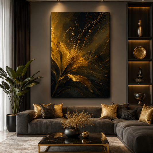 Abstract Gold Flower Wall Art – Elegant Black & Gold Canvas Print | Modern Elegant Home Decor