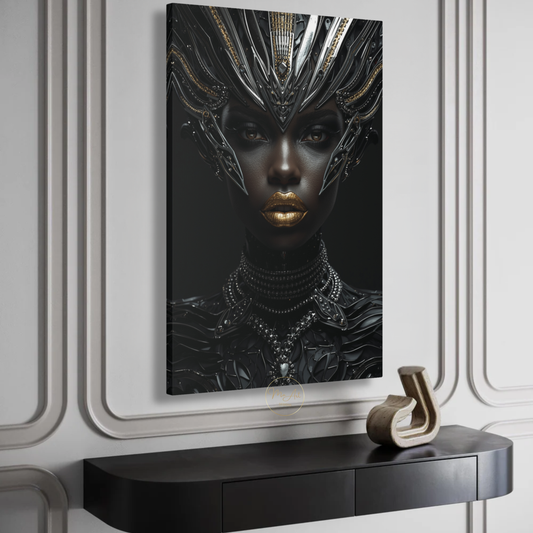 Black Woman Wall Art – Futuristic Afrocentric Warrior Queen / Black & Gold Canvas Print