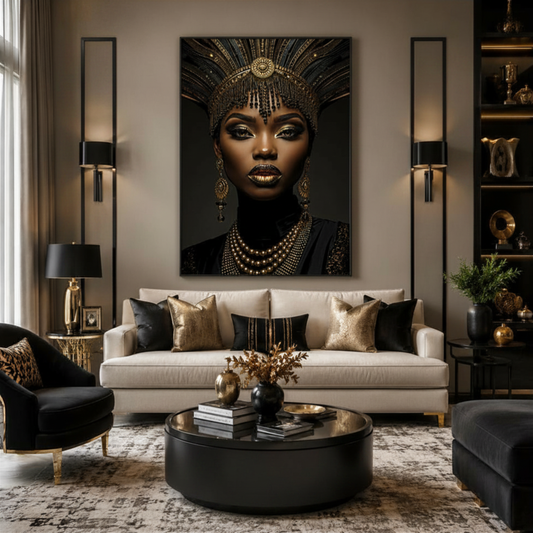 Black Woman Wall Art – African Queen Portrait Black & Gold Canvas Print | Afrocentric Luxury Wall Decor
