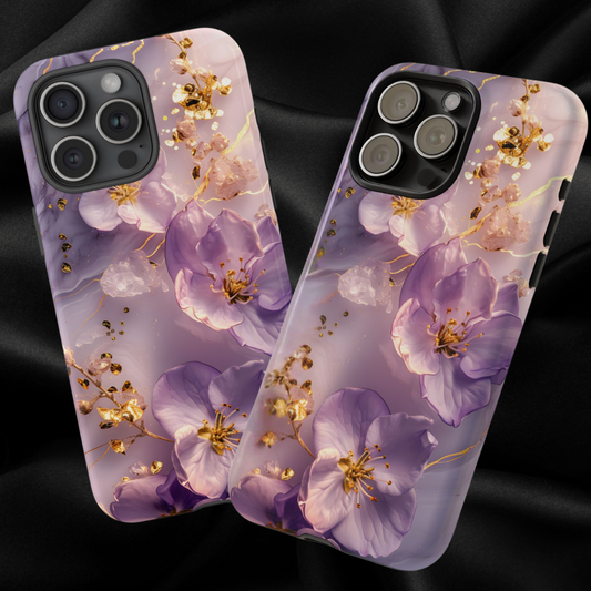 Vibrant Purple Blooms with Gold Tough Phone Case for iPhone, Samsung, and Google Pixel for Ultimate Protection