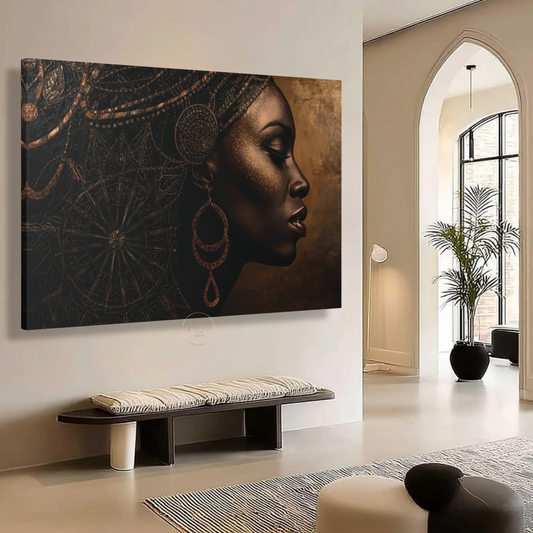 Black Woman Wall Art – Sophisticated Afrocentric Black & Copper Canvas Print