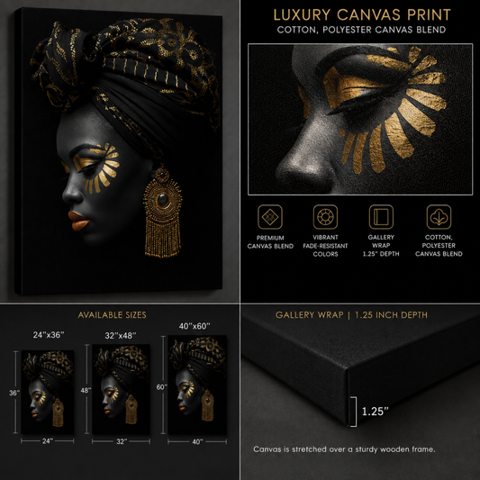 Black Woman Wall Art – Regal Radiance Black & Gold Canvas Print | Afrocentric Home Decor