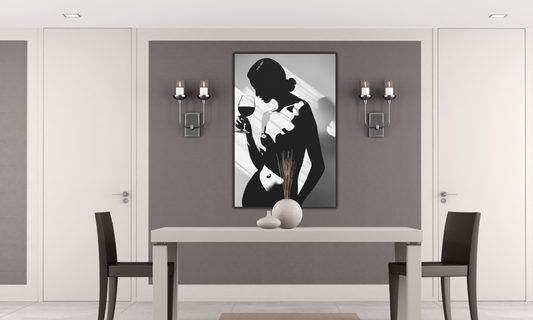 Elegant Allure: Monochrome Canvas Art of a Sensual Woman with Wine