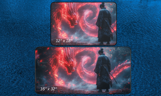 Japanese Samurai and Dragon Fire Spirit - Desk Mat / Mouse Pad