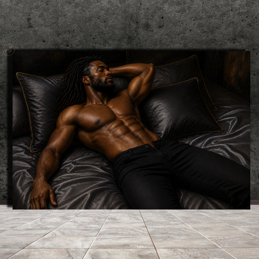 Black Man Wall Art – Sensual Black & Gold Masculine Canvas Print | Modern Luxury Bedroom Decor