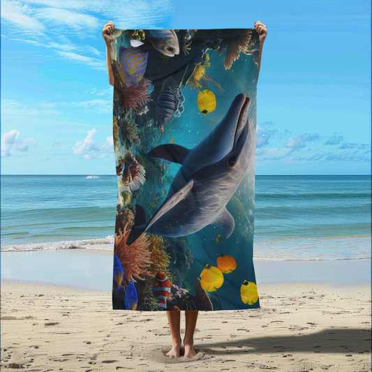 Dolphin with Tropical Fish - Beach Towel
