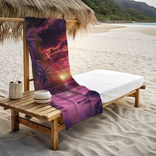 Vibrant Purple Sunset and Palm Trees - Beach Towel