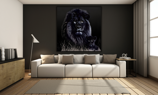 Majestic Bonds in the Wild - A Black Lion and Cub - Canvas Art