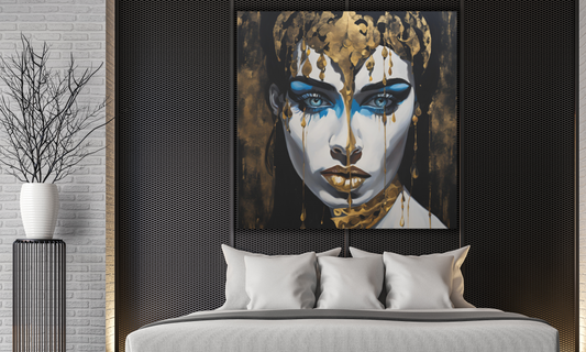 Woman's Face with Golden Glimmers & Azure Eyes - Canvas Art