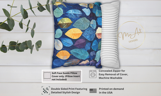 Decorative Blue Multicolor Leaf Design Faux Suede Pillow Case