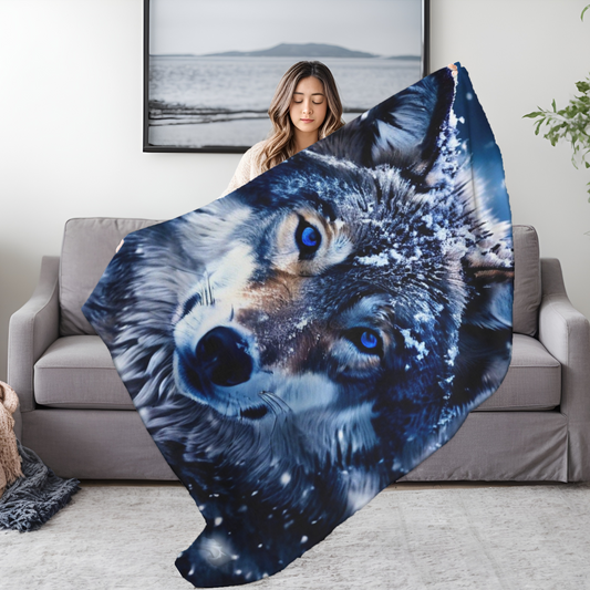 Wolf with Cobalt Eyes in Winter Wilderness - Velveteen Microfiber Blanket