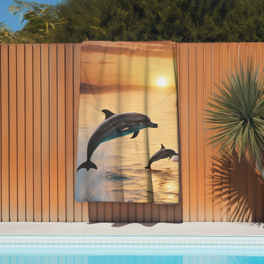 Dolphins Swimming in Ocean Sunset - Beach Towel