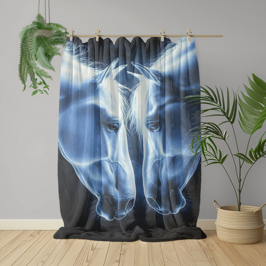 Enchanting Elegance of White Horse Heads on Luxurious Velveteen Blanket