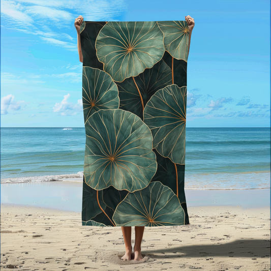 Lush Green Leaves with Gold - Beach Towel