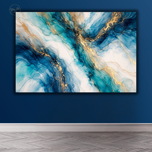 Blue Gold & Turquoise Marble Abstract Wall Art – Luxury Canvas Print