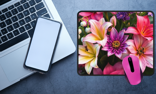 Colorful Vibrant Flowers with Bees - Mouse Pad