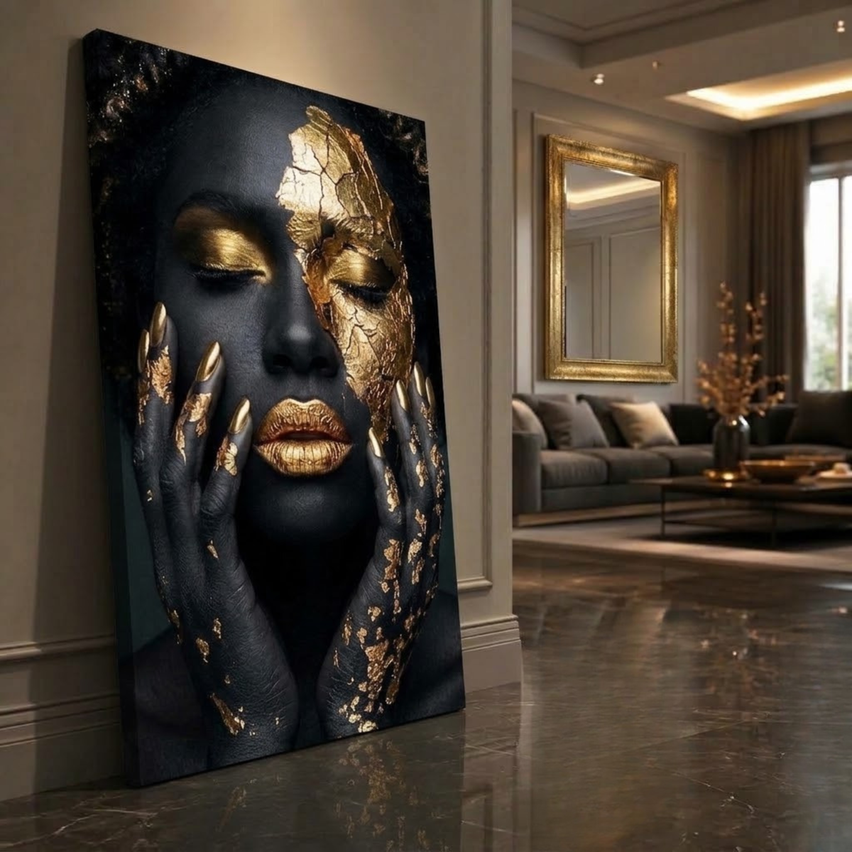 Black Woman Wall Art – Fractured Gold | Afrocentric Black & Gold Cracked Gold Leaf Canvas Print