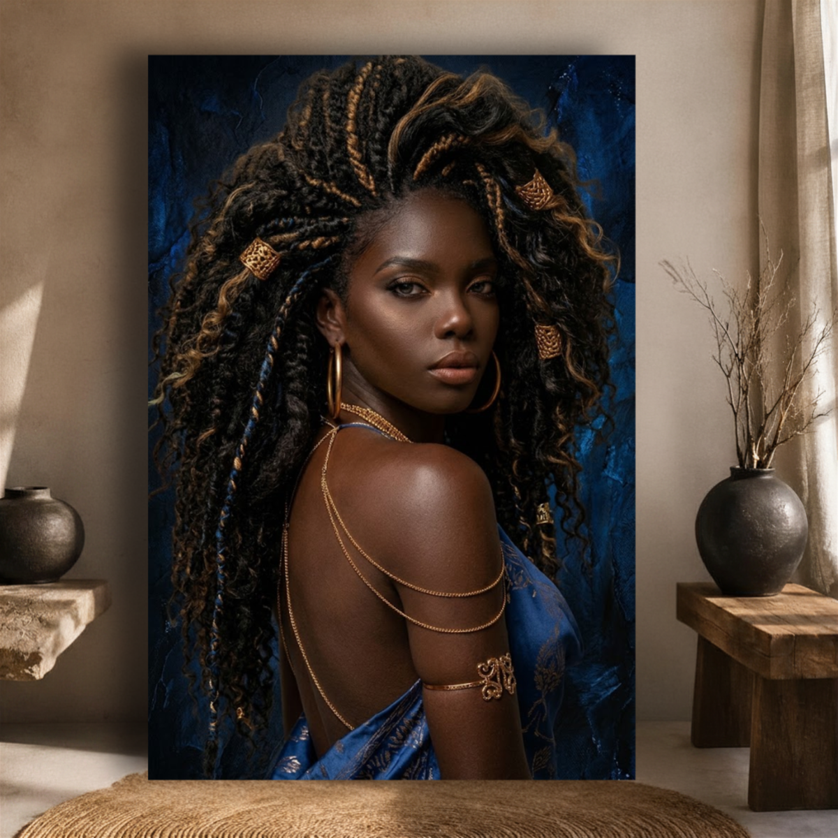 Black Woman Wall Art - Sensual Afrocentric Woman | Blue & Gold Canvas Print