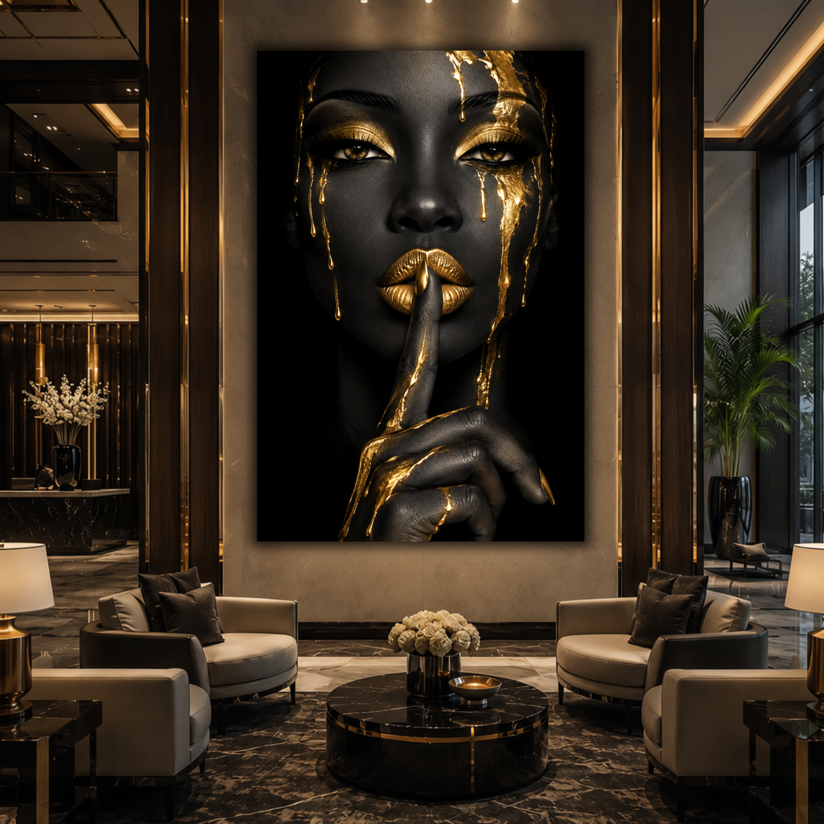 Black Woman Wall Art – Golden Whisper | Afrocentric Black & Gold Luxury Canvas Print