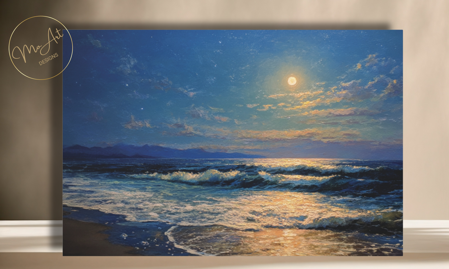 Moonlit Serenade Over Ocean Waves Canvas Wall Art