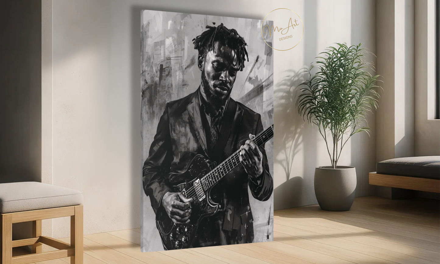 Soulful Strings - Black Guitarist - Canvas Wall Art