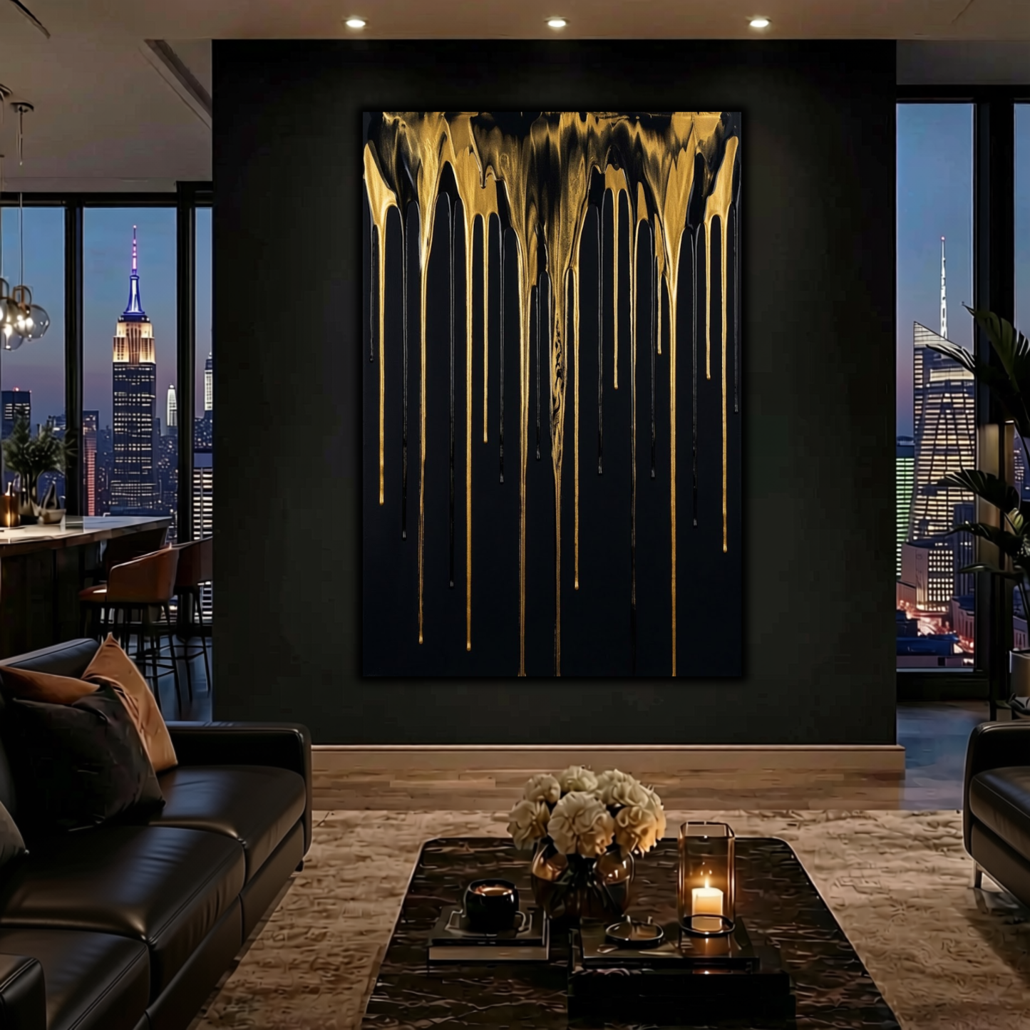 Abstract Modern Gold & Black Drip Canvas Print | Luxury Home Wall Decor