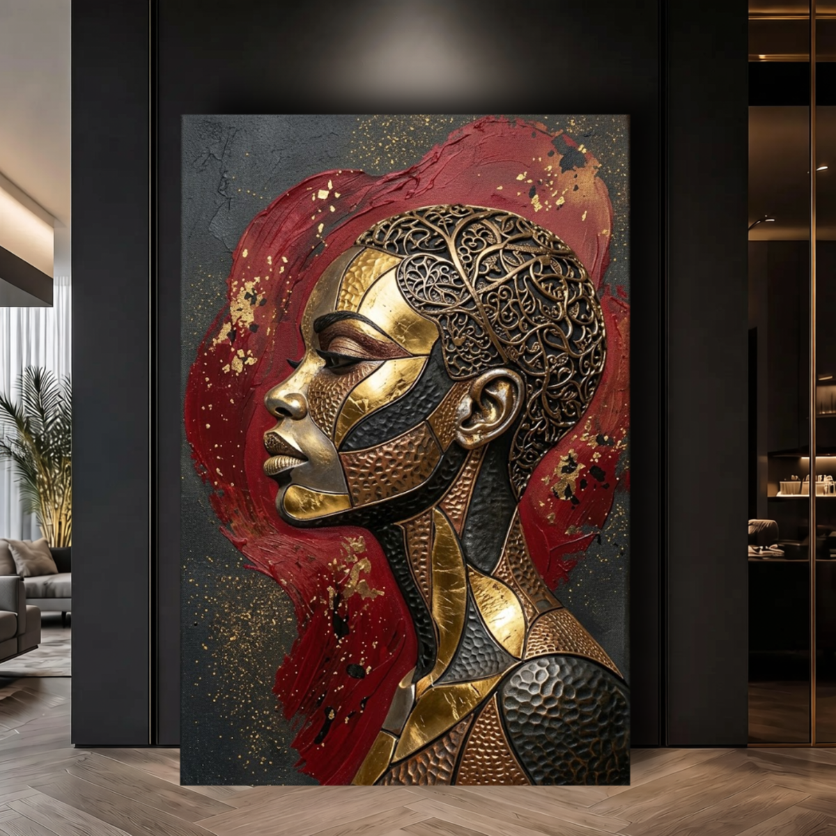 Black Woman Wall Art -  Modern African American Canvas Print | Gold & Red Abstract Home Decor