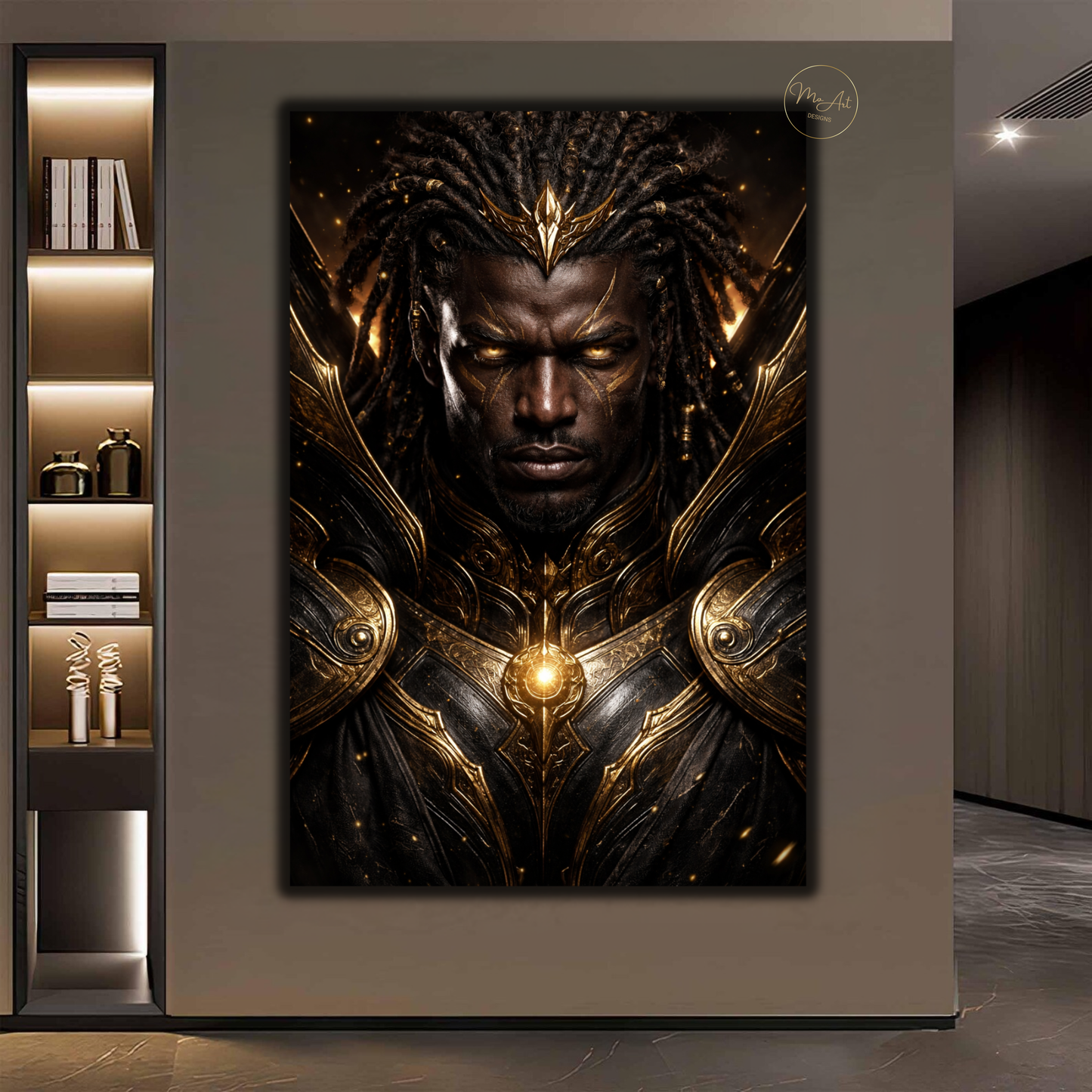 Black Warrior Wall Art – Powerful Afrocentric King in Black & Gold Armor Canvas Print