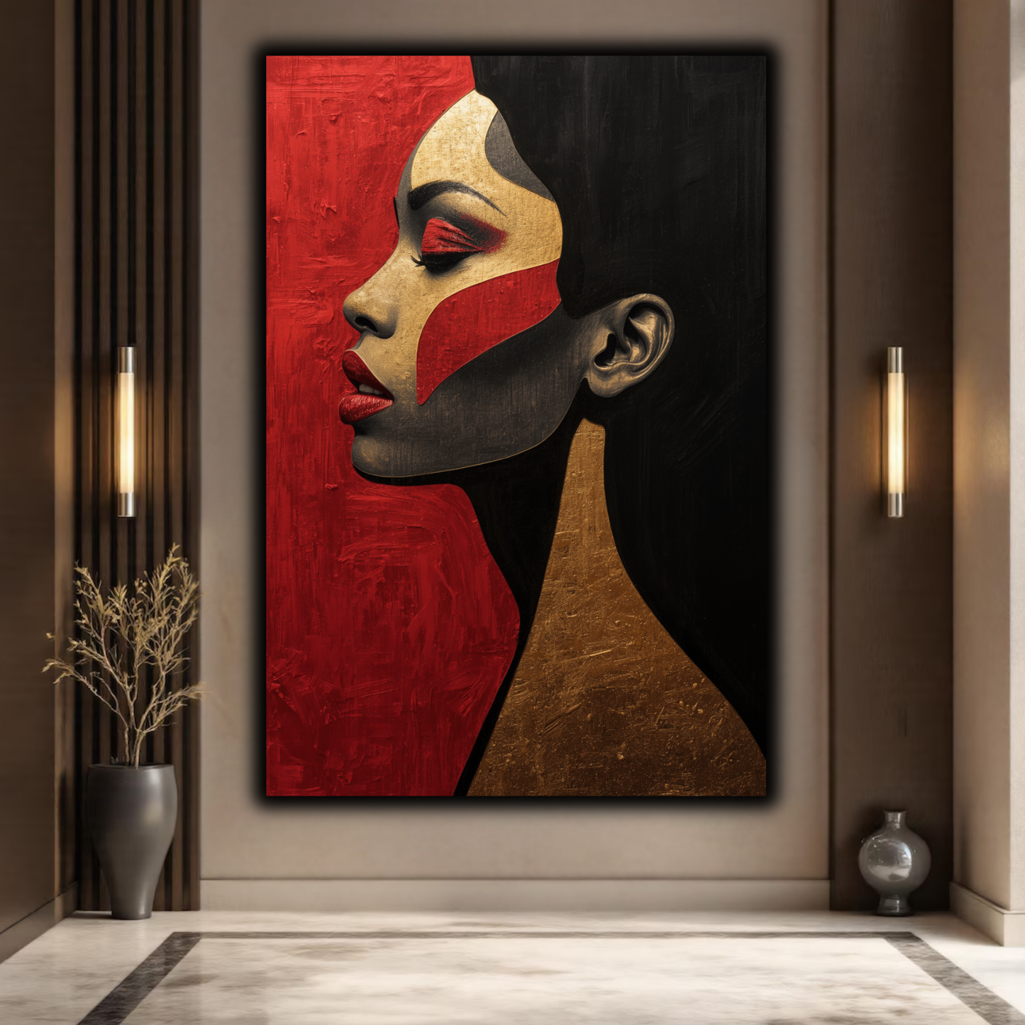 Black Woman Wall Art – Abstract Afrocentric Canvas Print | Black, Red & Gold Modern Wall Decor
