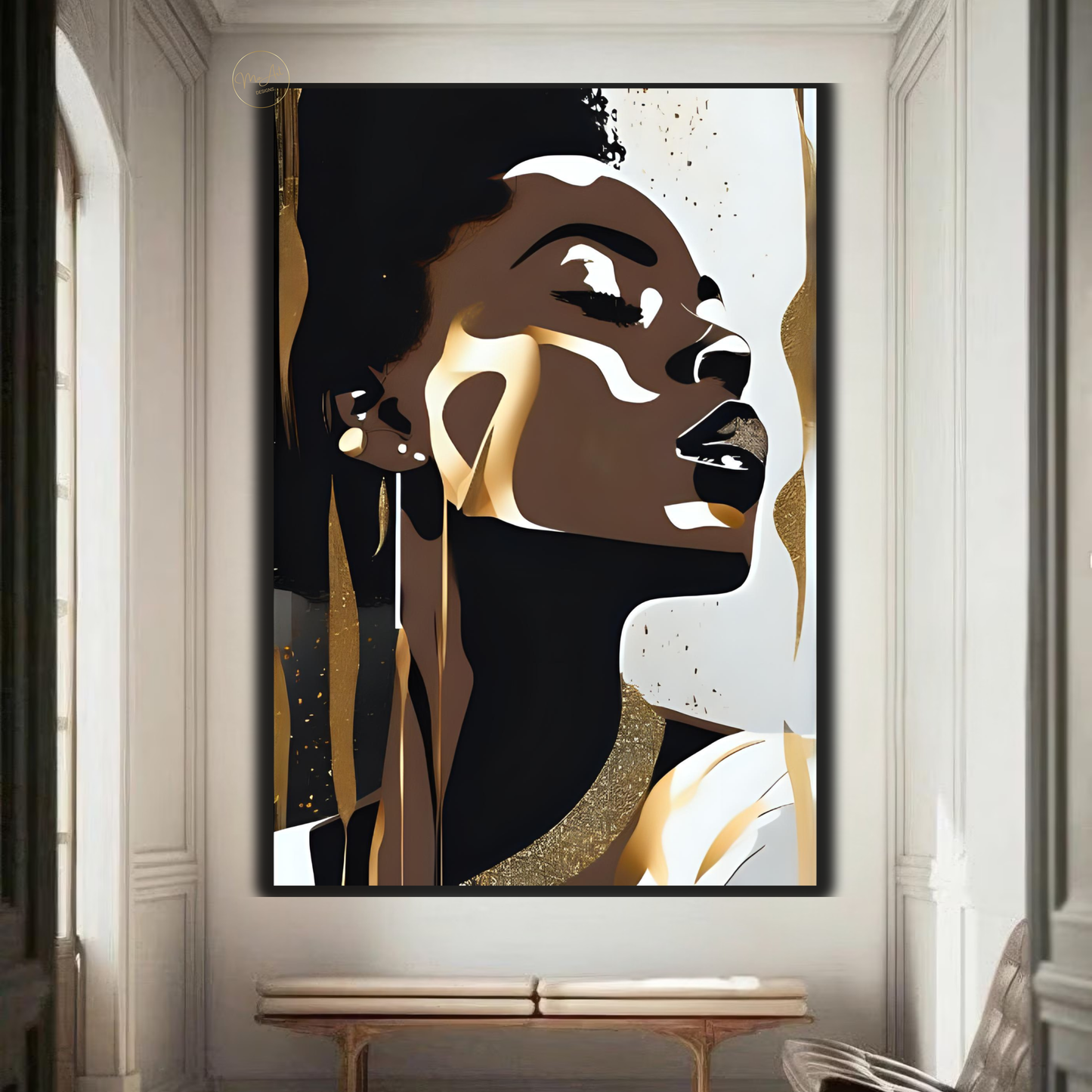 Black Woman Wall Art – Elegant Afrocentric Gold & Neutral Abstract Portrait Canvas Print