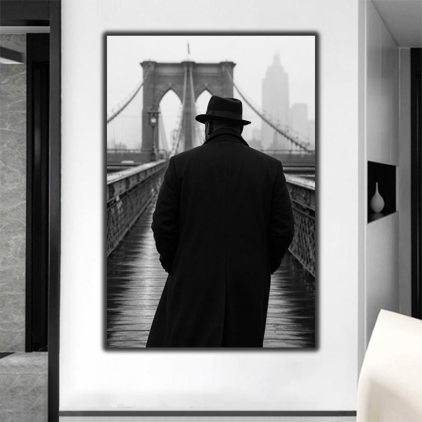 African American Man NYC Wall Art | Brooklyn Bridge Black & White Canvas Print