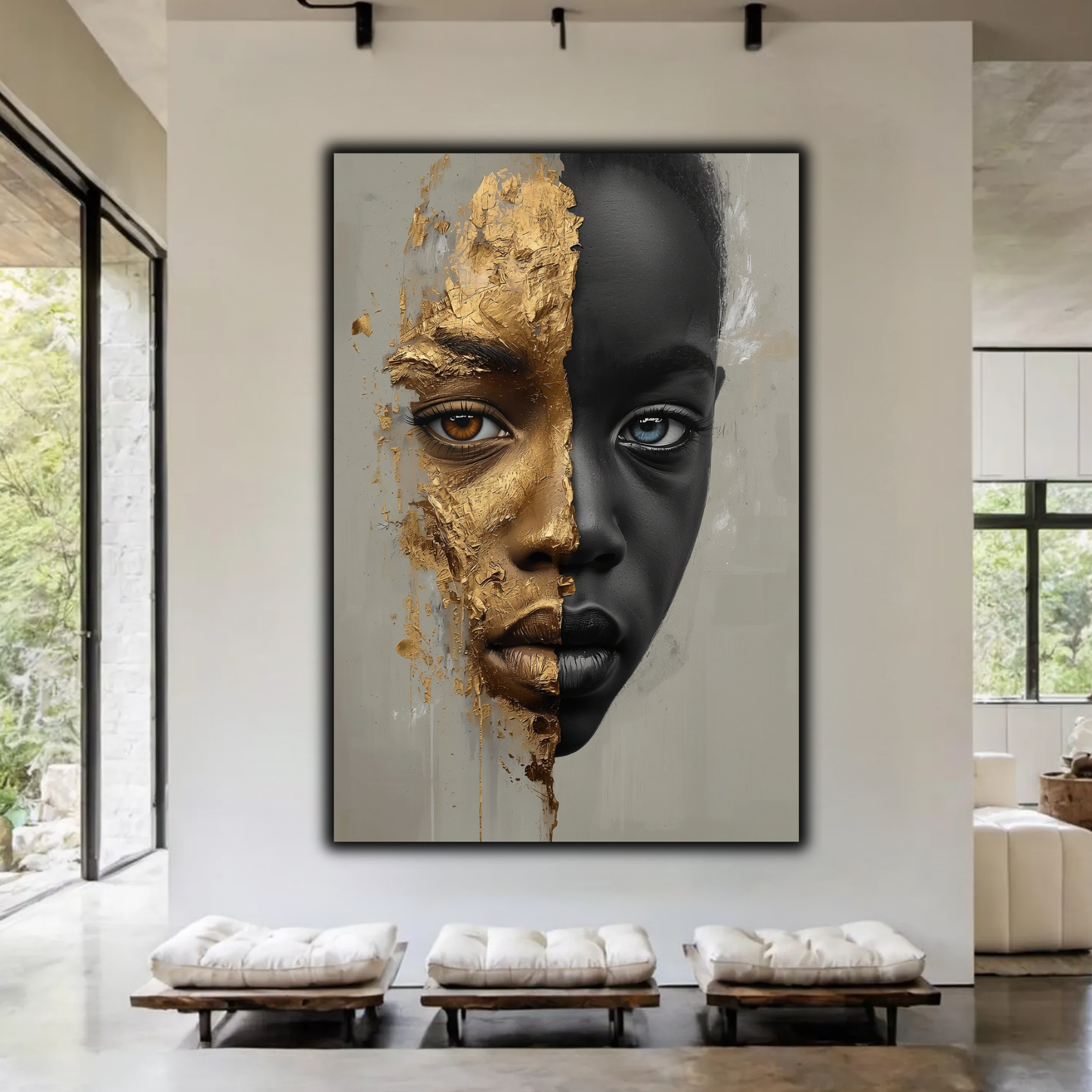 African American Child Wall Art – Black & Gold Abstract Portrait | Afrocentric Luxury Canvas Print