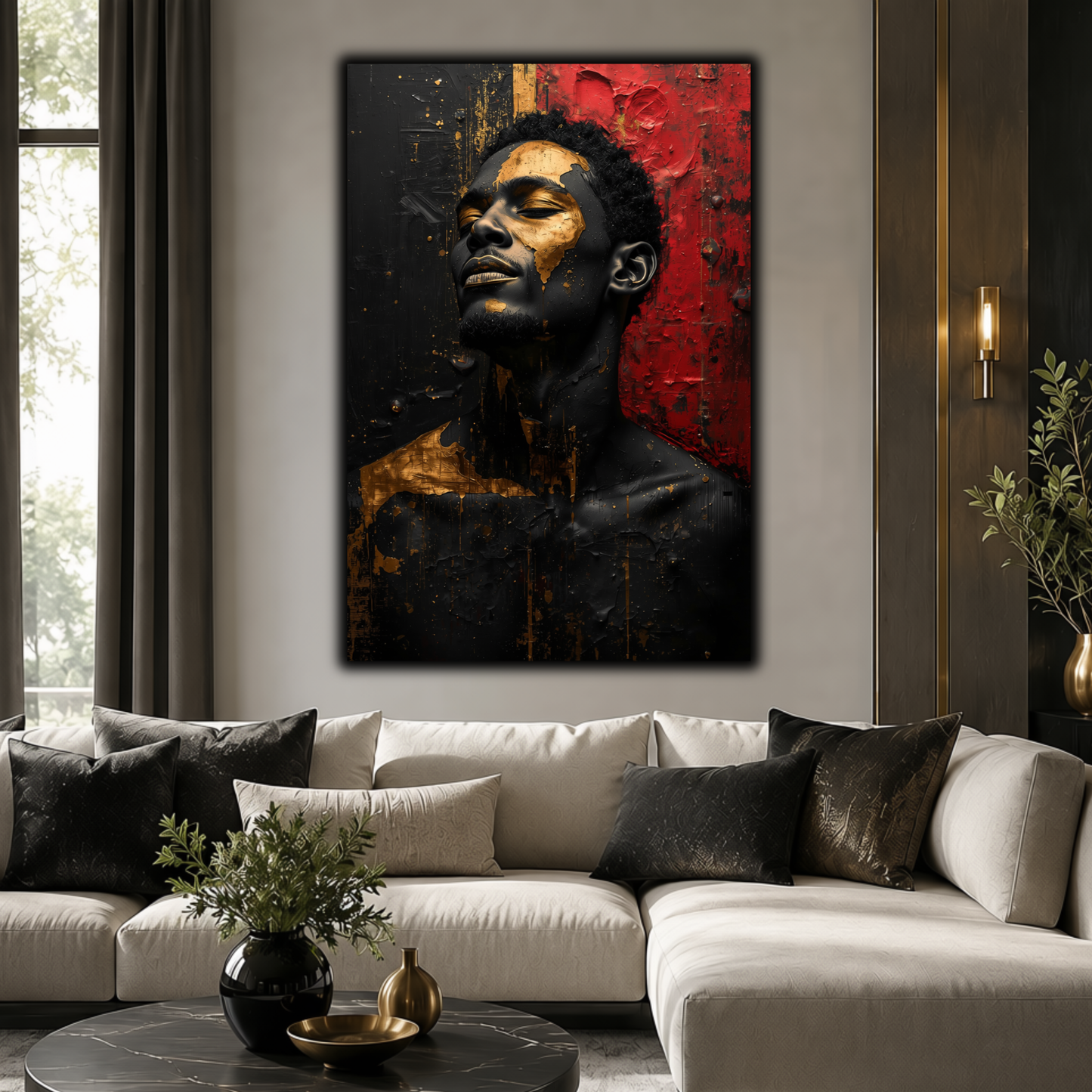 Black Man Wall Art - Afrocentric Abstract Canvas Print in Black, Gold & Red