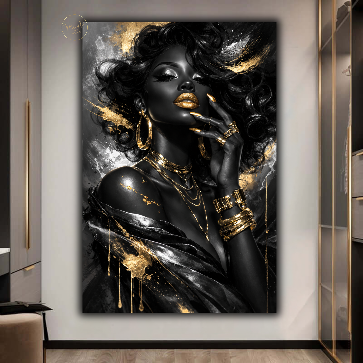 Black Woman Wall Art – Black & Silver Glam with Gold Lips | Luxury Afrocentric Canvas Print