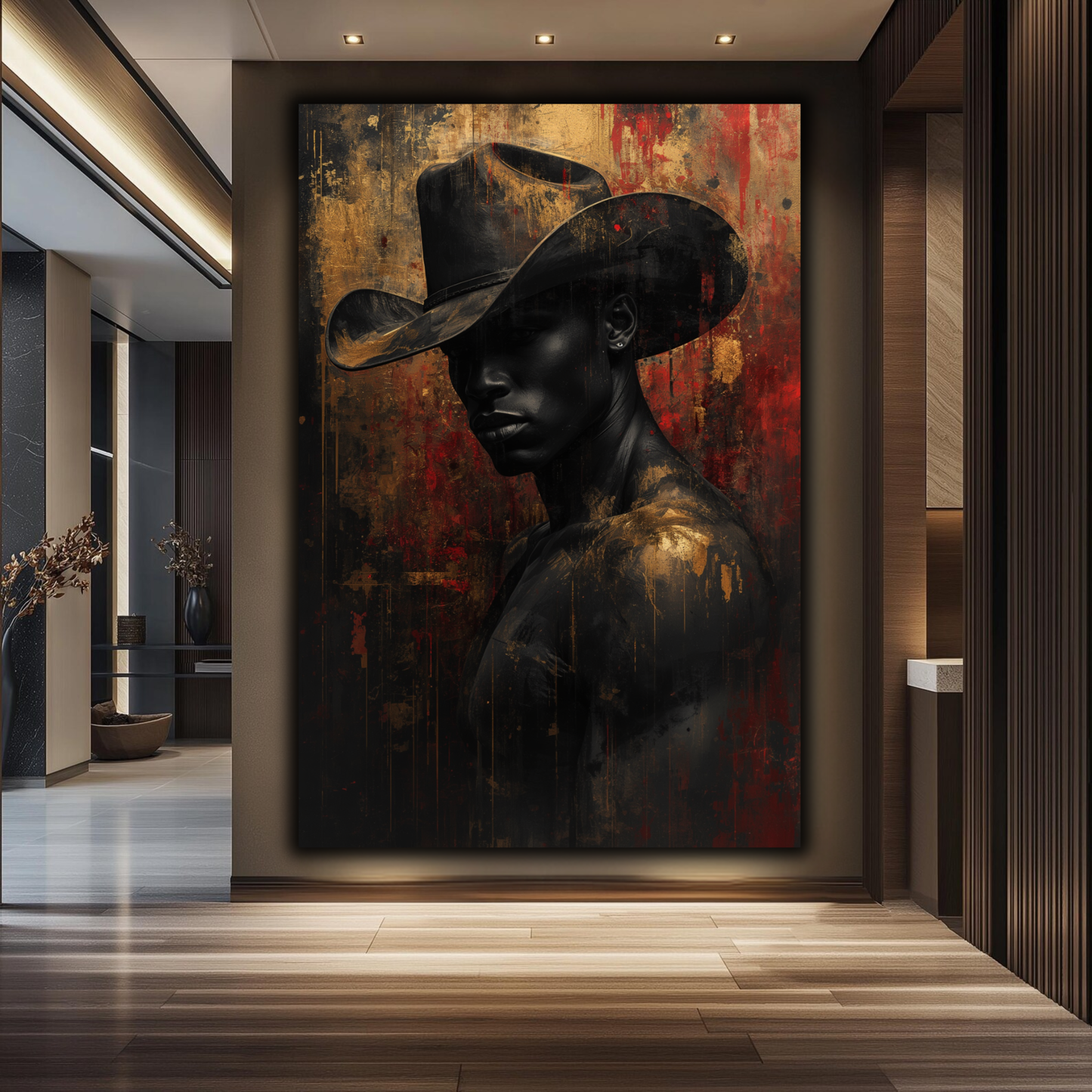 Black Man Wall Art – African American Cowboy Canvas Print | Abstract Black, Gold & Red Wall Art